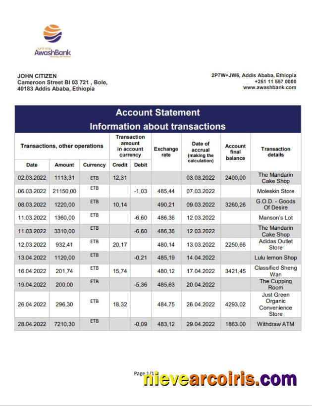 Ethiopia Awash Bank statement